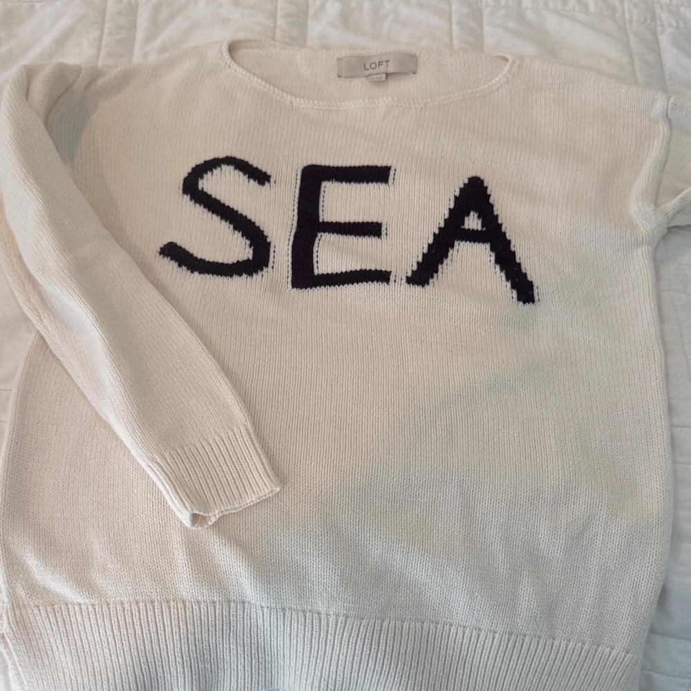 LOFT summer SEA Cream cotton Sweater with Navy Lettering